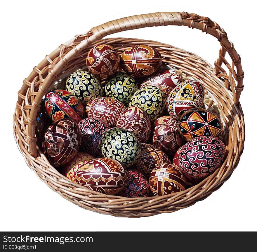 Easter basket with colored eggs with specific Romanian designs. Easter basket with colored eggs with specific Romanian designs