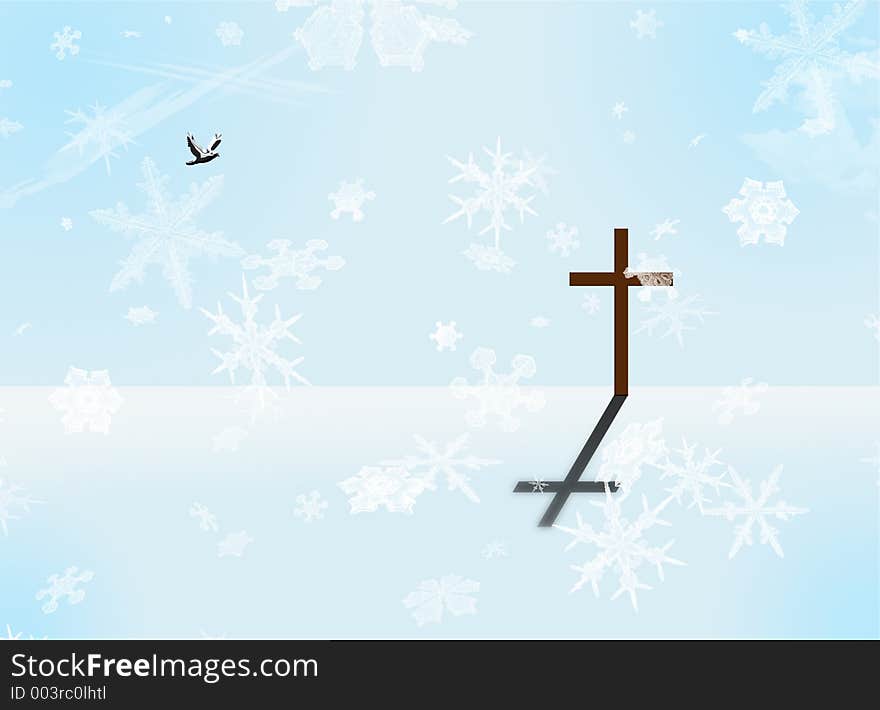 A cross stands in a white-blue landscape while snow falls all around. A cross stands in a white-blue landscape while snow falls all around