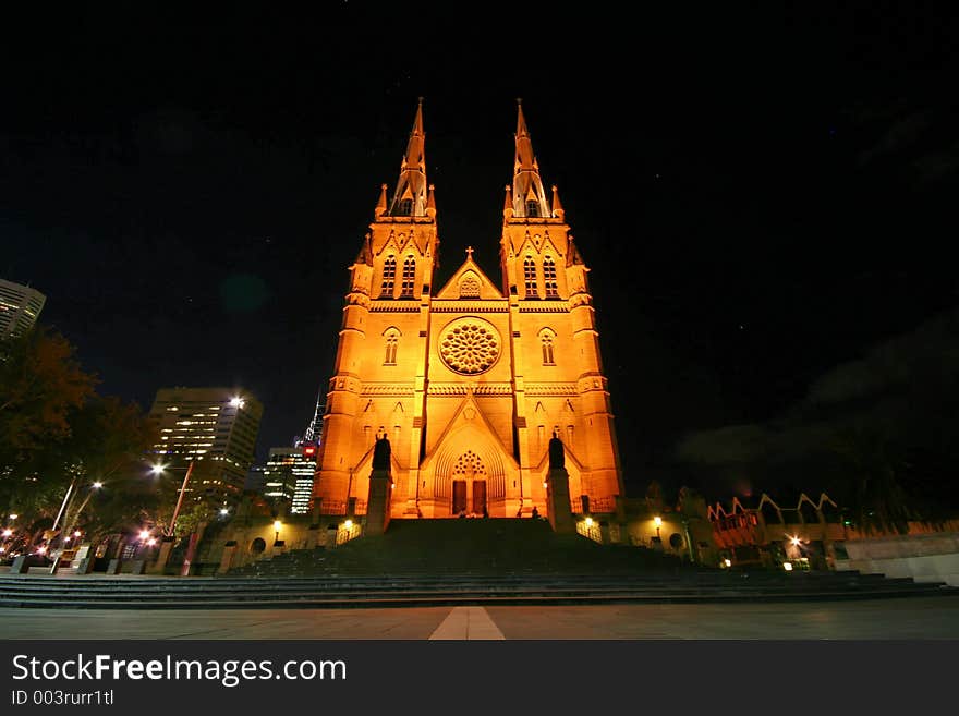 Cathedral at night, perspective from below