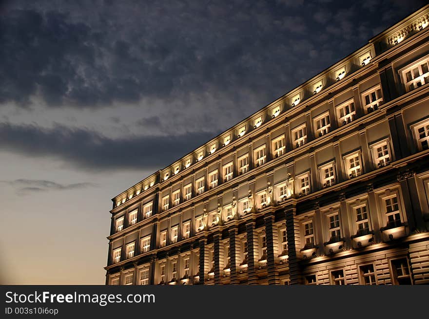 Lit up building in the dusk light. Lit up building in the dusk light.