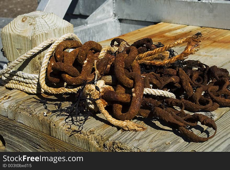 Rusty chains along the waterfront in Portland Maine