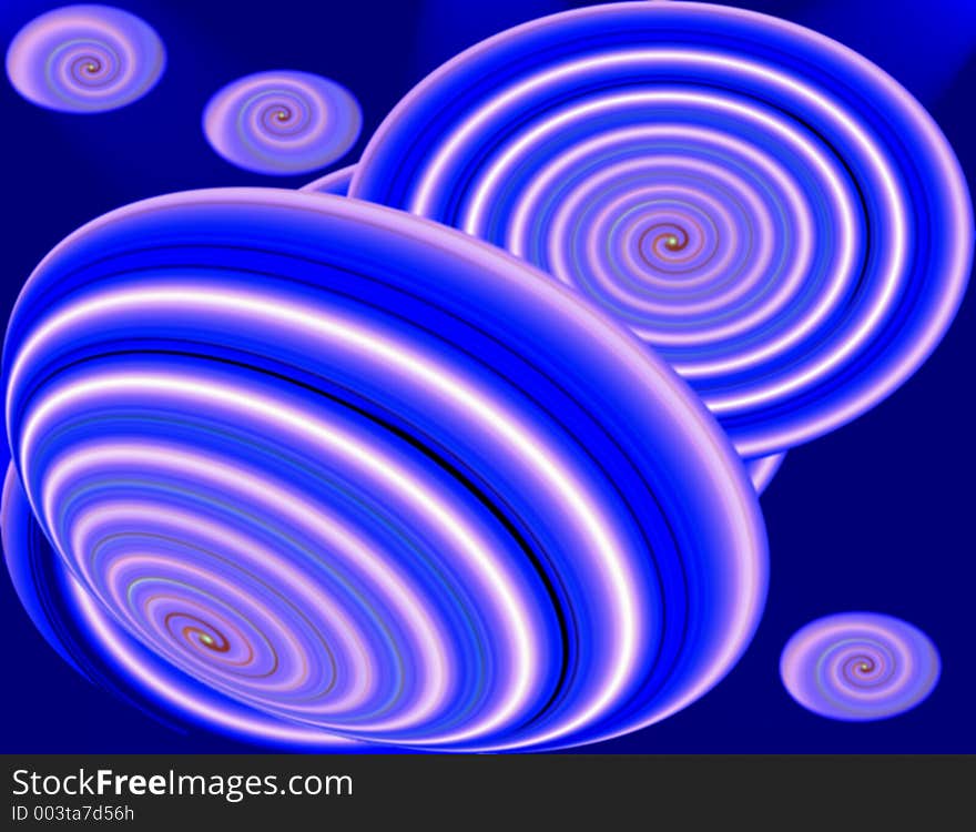 Blue discs with pink and white swirls. Abstract illustration