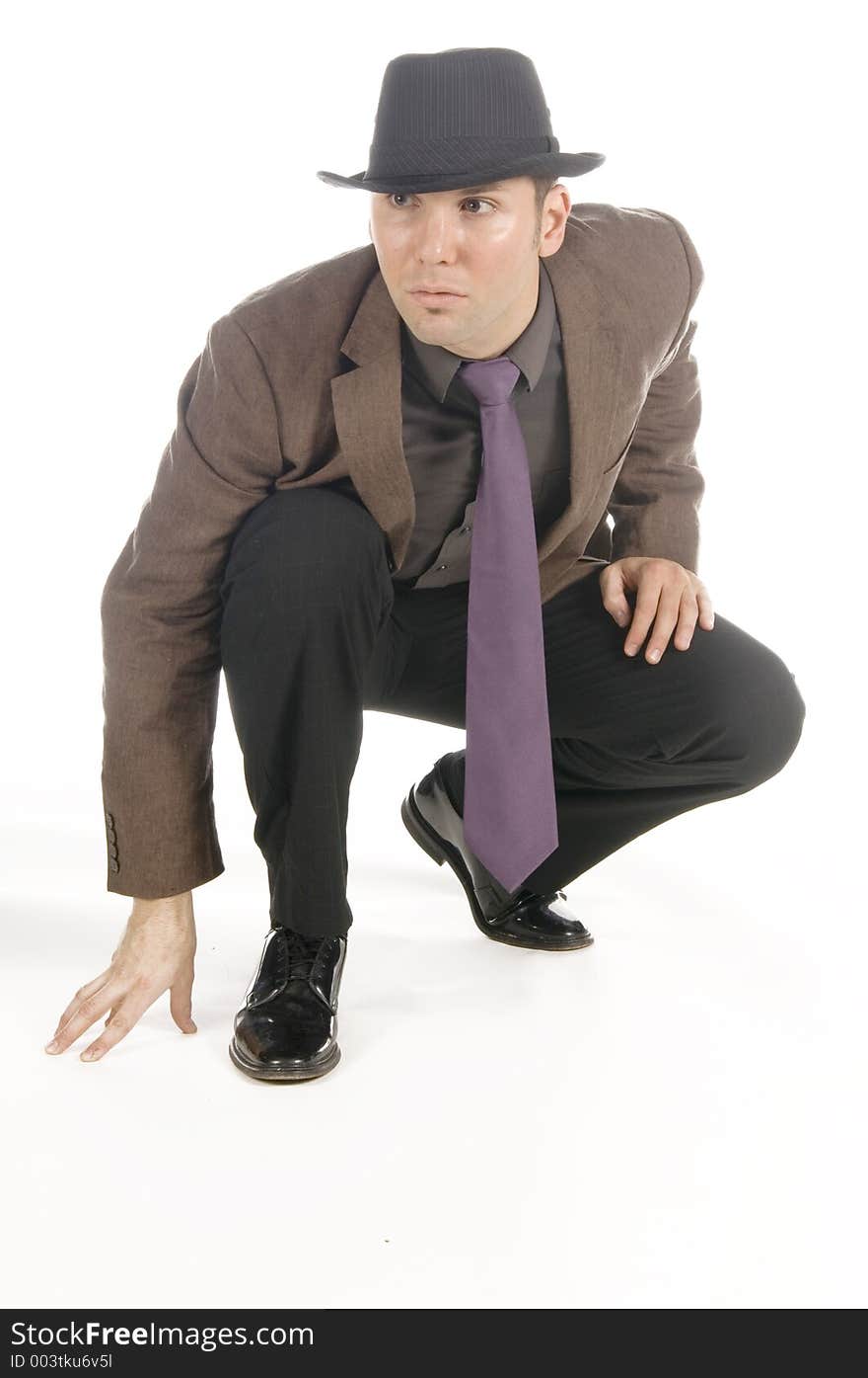 Guy with hat ducking, isolated on white background. Guy with hat ducking, isolated on white background