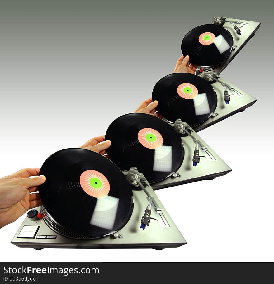 A pattern of a hand putting a record on a turntable. A pattern of a hand putting a record on a turntable