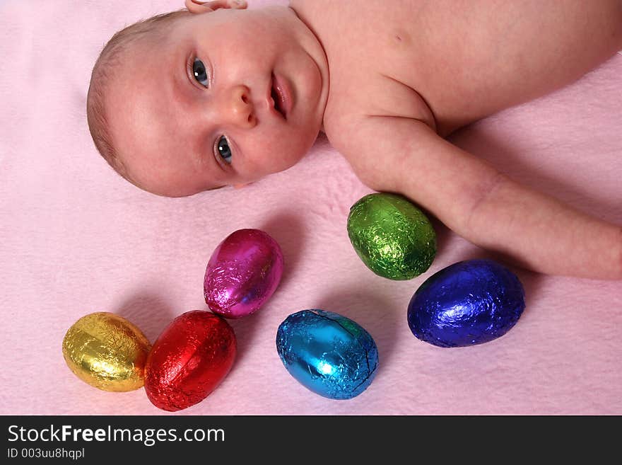 Young baby on first easter hunt. Young baby on first easter hunt