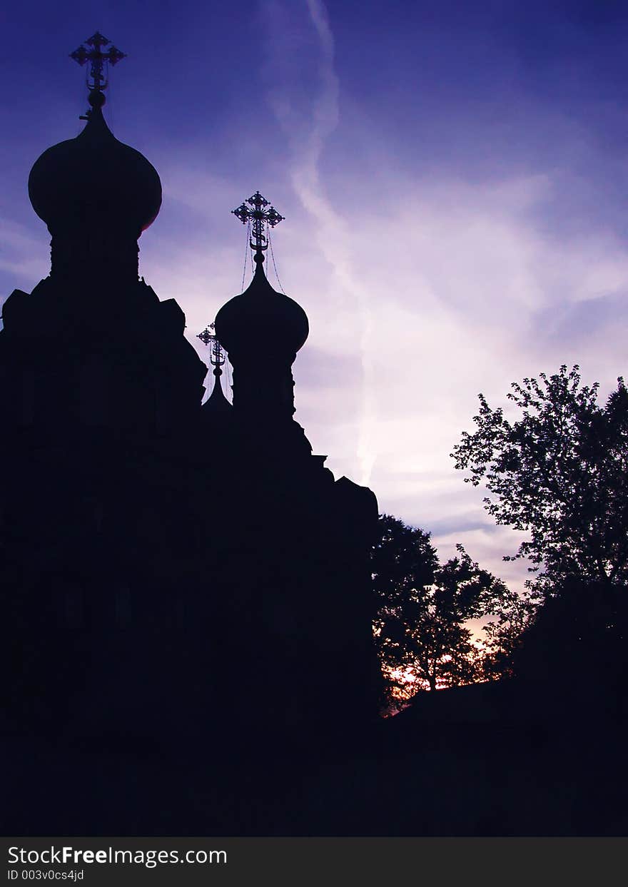 A silhouette of Orthodox Church in Russia in the evening kight. A silhouette of Orthodox Church in Russia in the evening kight
