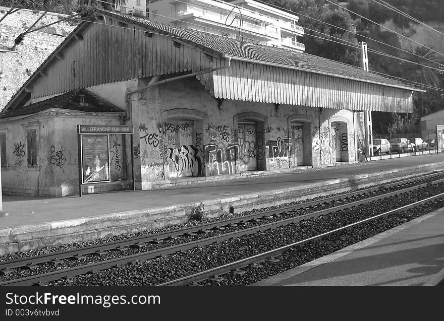 A GRAFFITI COVERED TRAIN STATION IN VILLEFRANCHE, SOUTH OF FRANCE. A GRAFFITI COVERED TRAIN STATION IN VILLEFRANCHE, SOUTH OF FRANCE