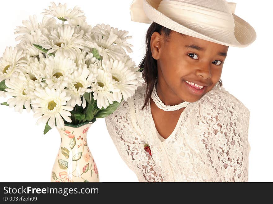 Darling young lady with her vase full of daisies. Darling young lady with her vase full of daisies