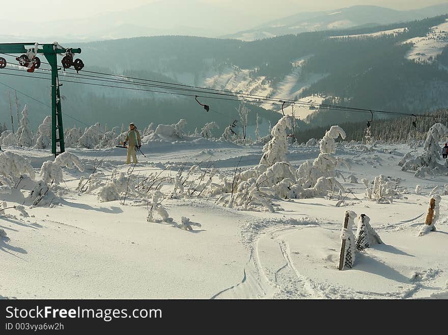 Ski lift on the slopes of Male Skrzyczne, Beskidy Mountains (Carpathian Mountains), Poland