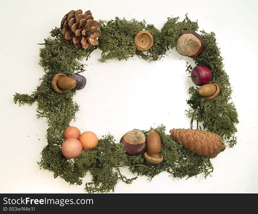 Moss, acorns and mushrooms frame at white background. Moss, acorns and mushrooms frame at white background