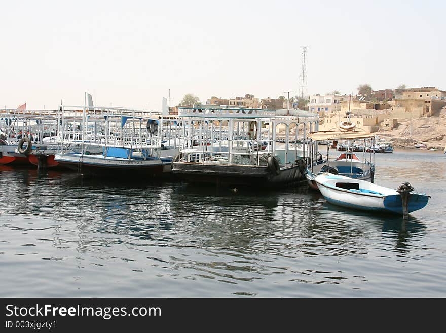 Tourist boats at a pier in Egypt