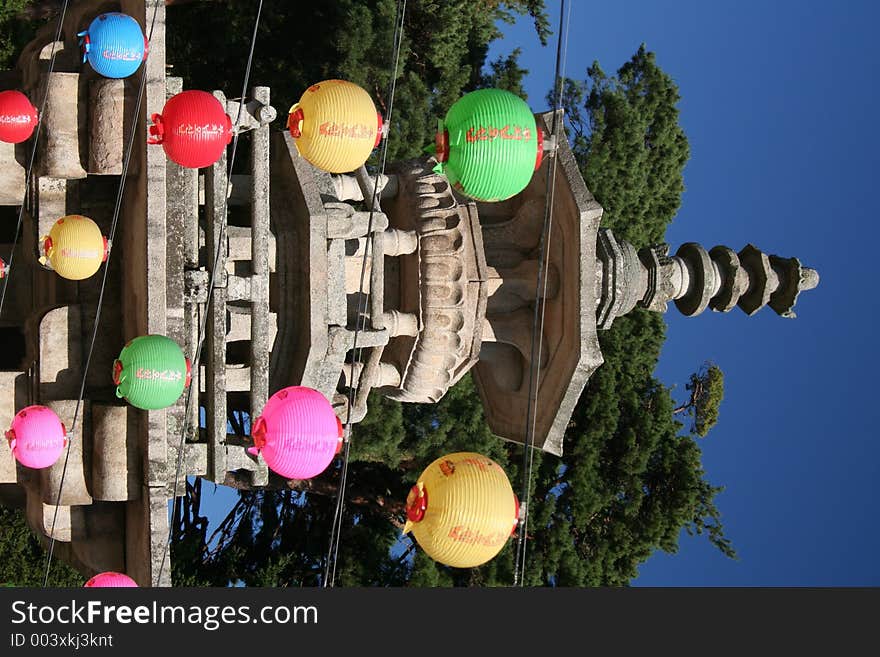 Chinese lanters decorate a pagoda in Bulguksa temple. The most famous temple in Korea. This pagoda is so revered it's on the back of the 10 won coin. Chinese lanters decorate a pagoda in Bulguksa temple. The most famous temple in Korea. This pagoda is so revered it's on the back of the 10 won coin.