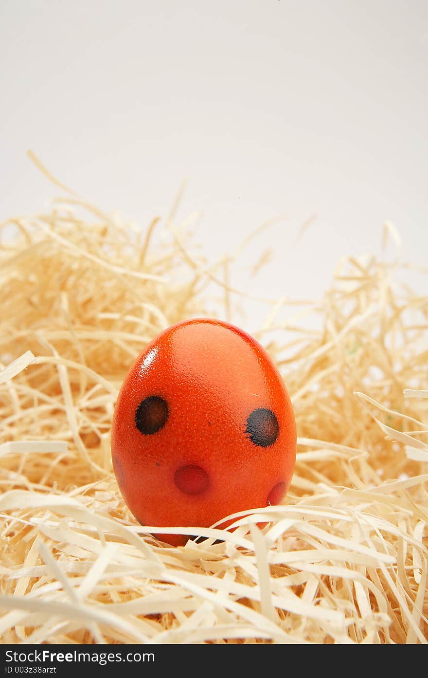 Coloured easter egg in wooden grass on grey background