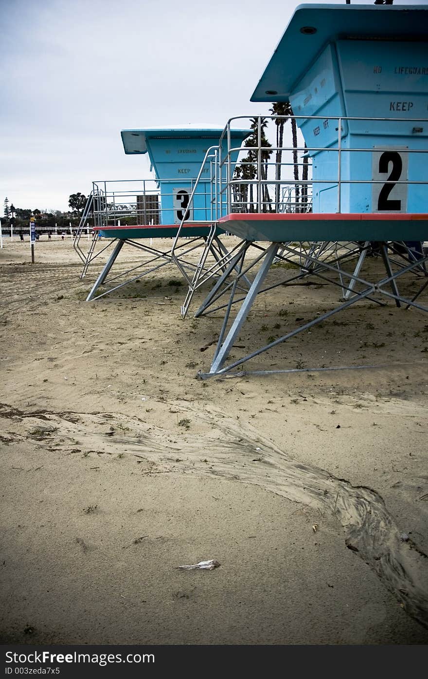 Empty lifeguard houses on the beach