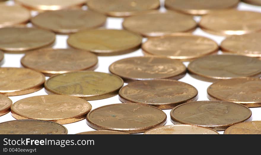 United States Pennies Laid Flat on a White Background. United States Pennies Laid Flat on a White Background