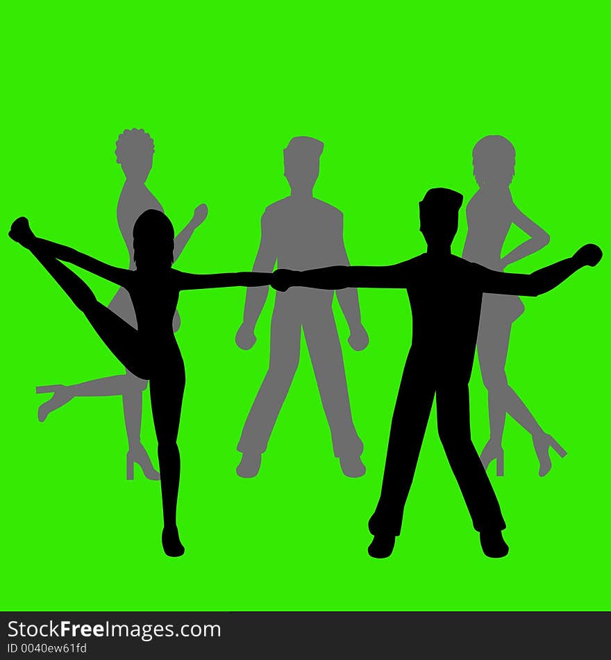 Silhouettes of people dancing - on green background- additional ai and eps format available on request. Silhouettes of people dancing - on green background- additional ai and eps format available on request