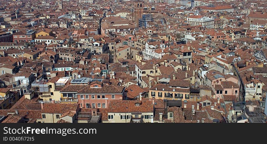 An elevated view of Venice, showing the density of houses on the main Island group. An elevated view of Venice, showing the density of houses on the main Island group.