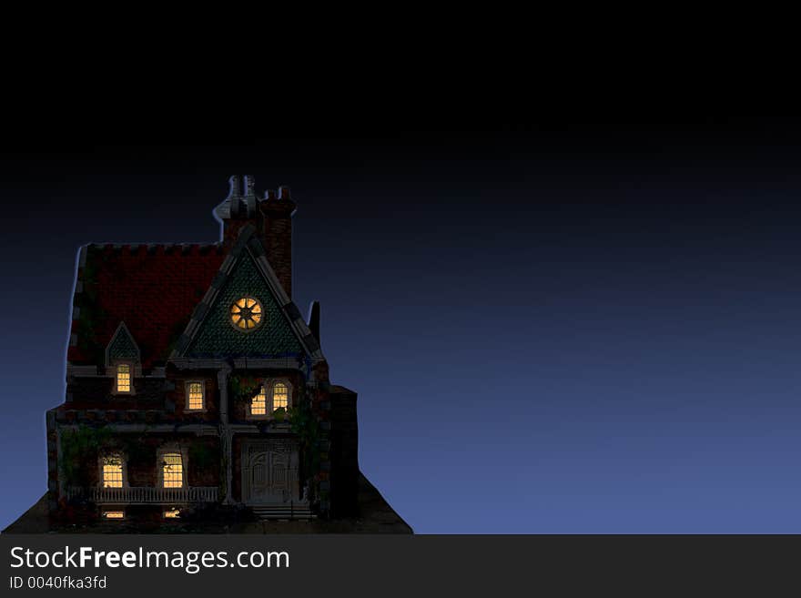 House with lights on, isolated on black and blue background,shadow-shape of a house. House with lights on, isolated on black and blue background,shadow-shape of a house