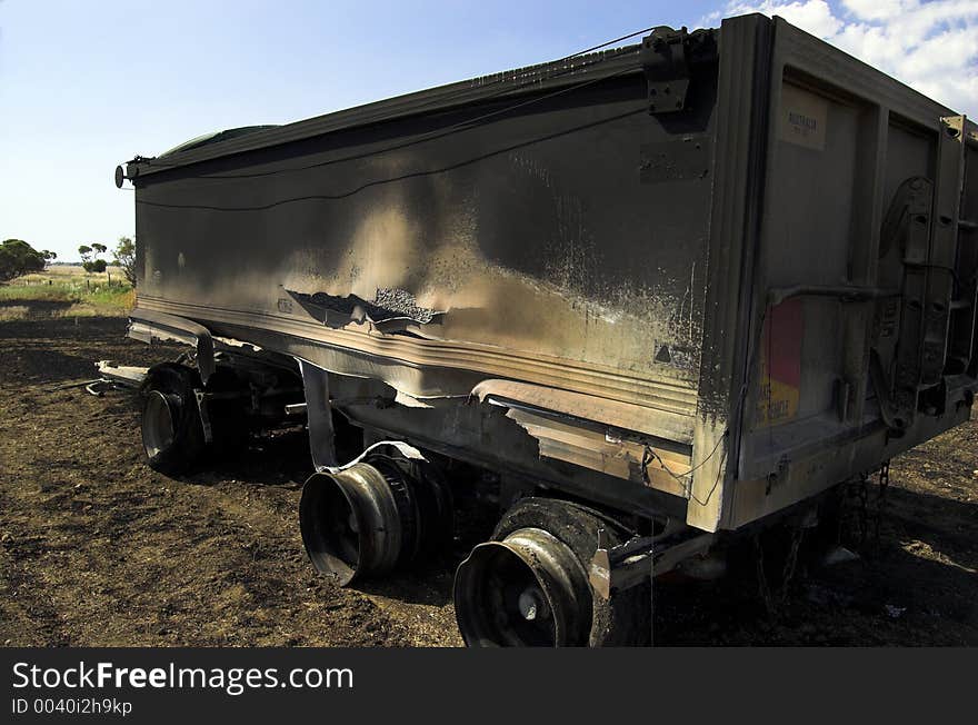 The burnt out wreckage of a truck trailer. The fire was caused by a freak accident. The burnt out wreckage of a truck trailer. The fire was caused by a freak accident.