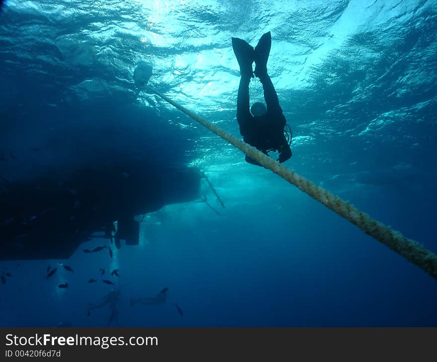 A diver on his way back to the surface from the wreck of Salem Express. A diver on his way back to the surface from the wreck of Salem Express