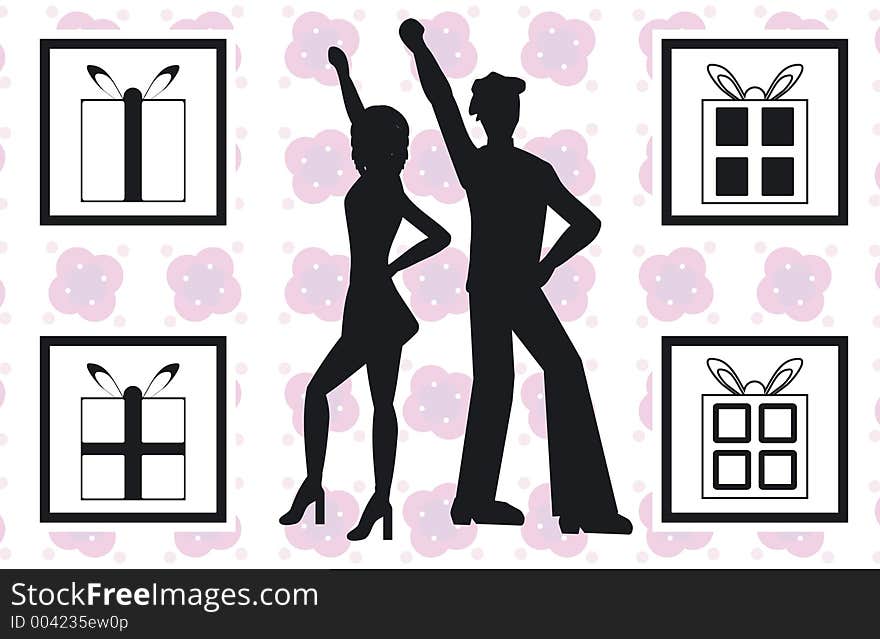 Silhouettes of people dancing, with 4 present designs - additional ai and eps format available on request