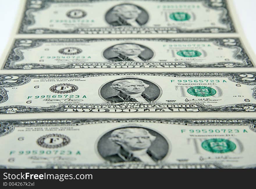 Uncut sheet of US two-dollar bills. Uncut sheet of US two-dollar bills