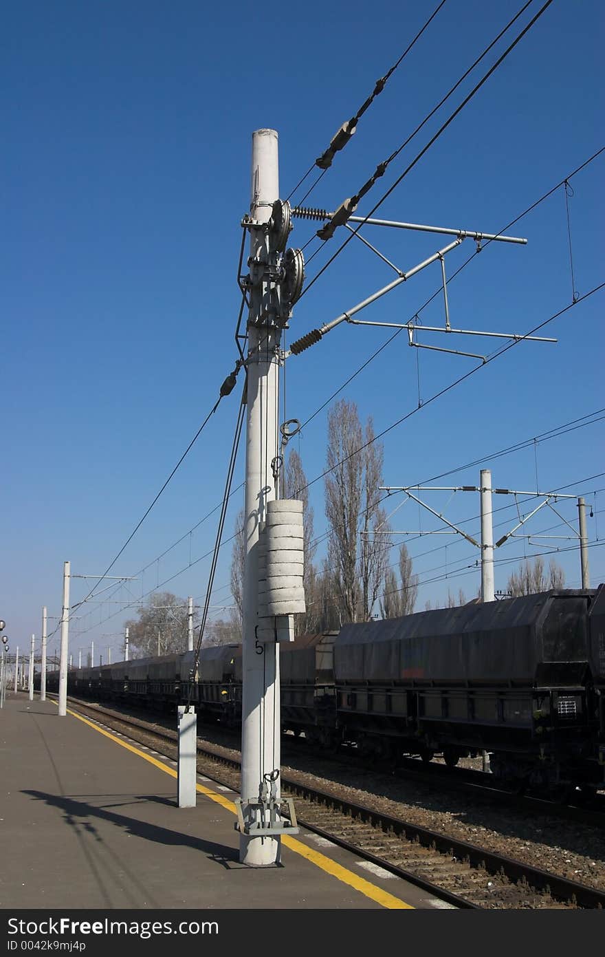 Railway pole with high-voltage electrical wires. Railway pole with high-voltage electrical wires