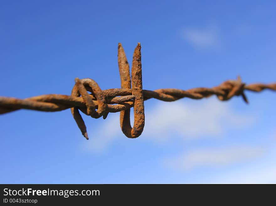 Rusty barbed wire against blue sky.