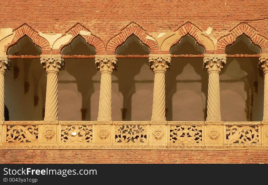 White columns and red bricks from Mogosoaia Palase, Romania