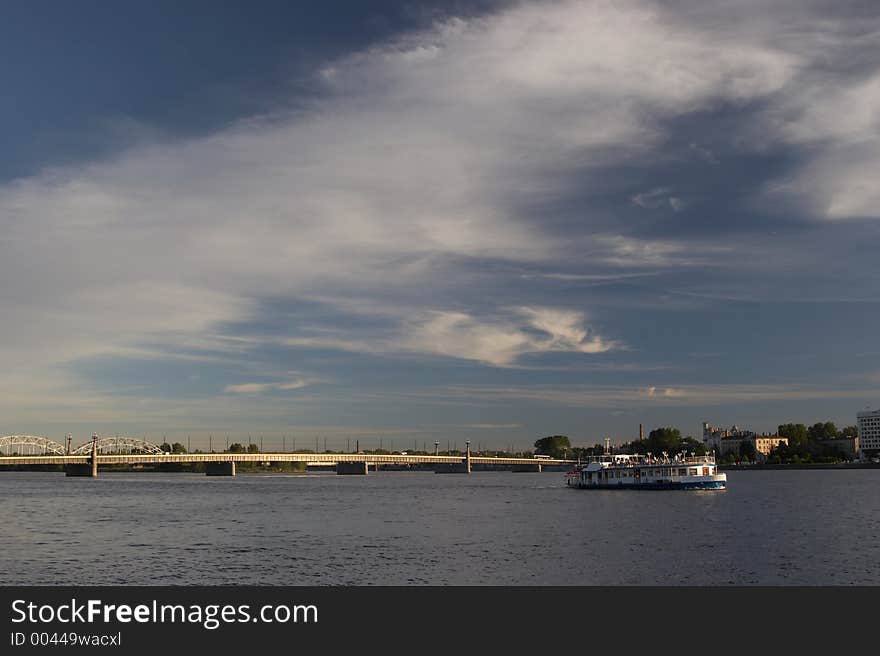 River, bridge, ship, blue sky