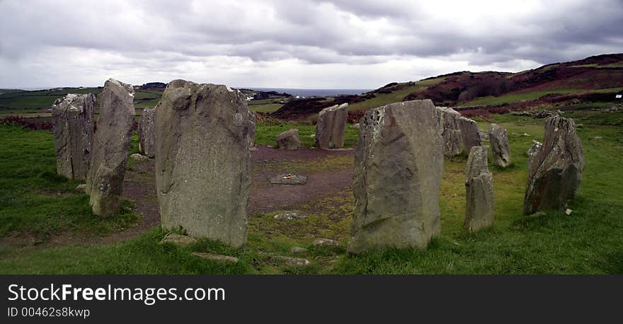 Drumbeg stone circle nr Cork, Munster, Ireland - panoramic view. Drumbeg stone circle nr Cork, Munster, Ireland - panoramic view