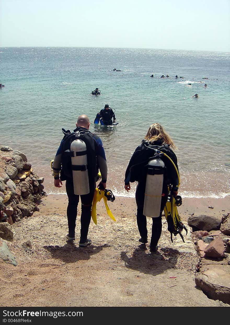 A pair of divers approach the water