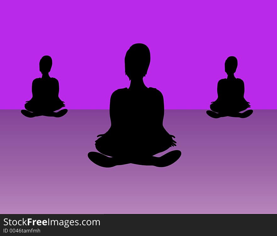 Three woman in yoga class.Silhouette, illustration hand drawn no model used.