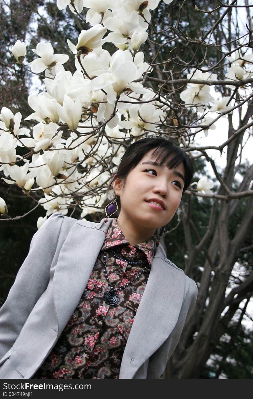 Korean woman standing under blossoming tree in spring. Korean woman standing under blossoming tree in spring