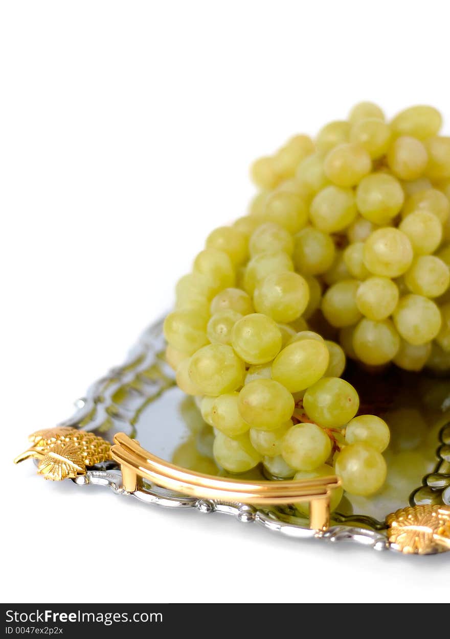 Green grapes on metal tray. Green grapes on metal tray