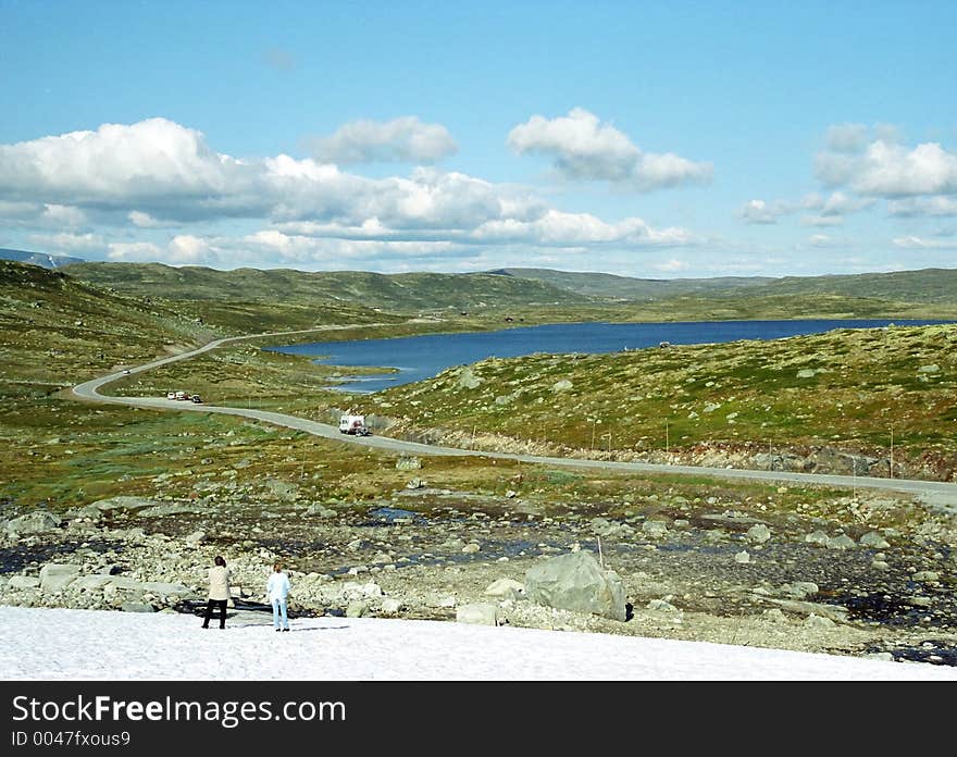 Mountain road and lake. Southern Norway