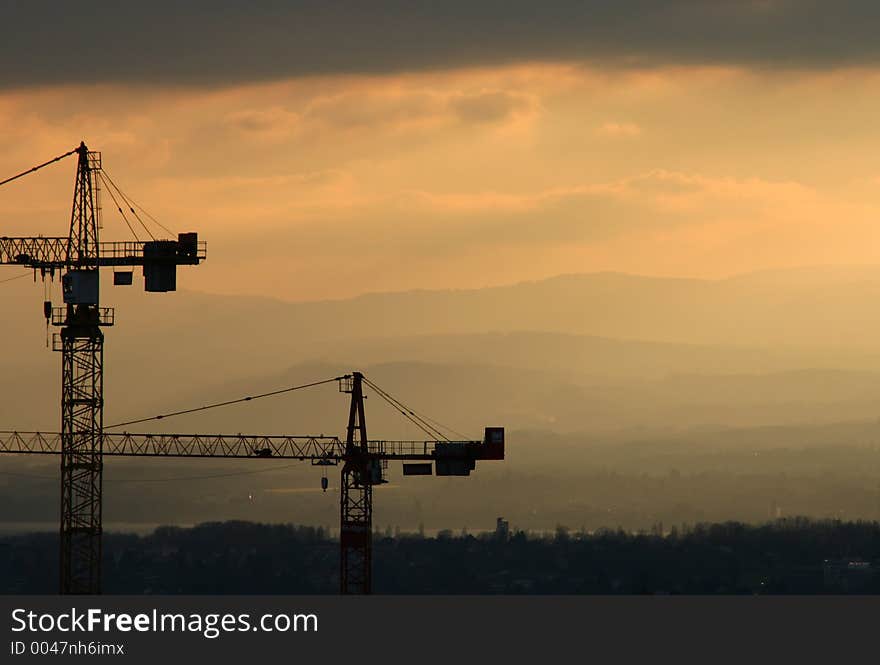 Cranes in the sunset. Contry side and mountains in the back.