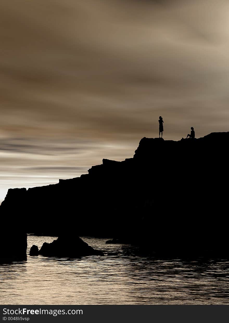 Beach sunset with people silhouettes