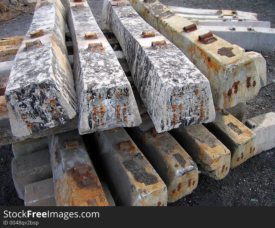 Landscape shot of used concrete railway sleepers. Landscape shot of used concrete railway sleepers.