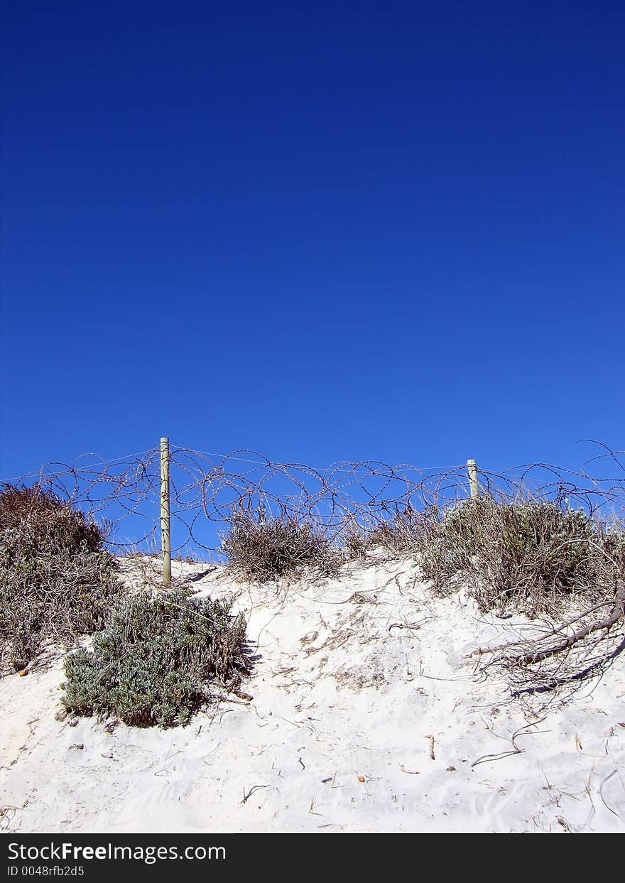 Portrait shot of a coastal dune with barbed-wire fence. Portrait shot of a coastal dune with barbed-wire fence.