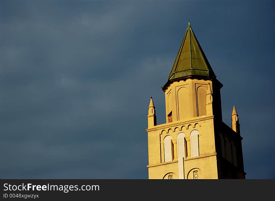 Church steeple black sky