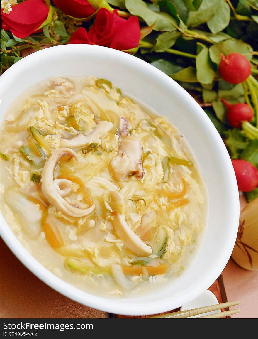 Asia, China, food, culture, soup, Japanese noodles, indoors, cool, bowl, white, rose, close-up, vegetables, seafood, egg, chopsticks