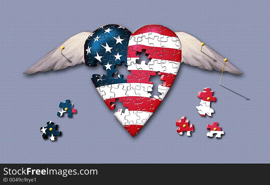 A puzzle piece USA heart is pinned to the surface. A puzzle piece USA heart is pinned to the surface