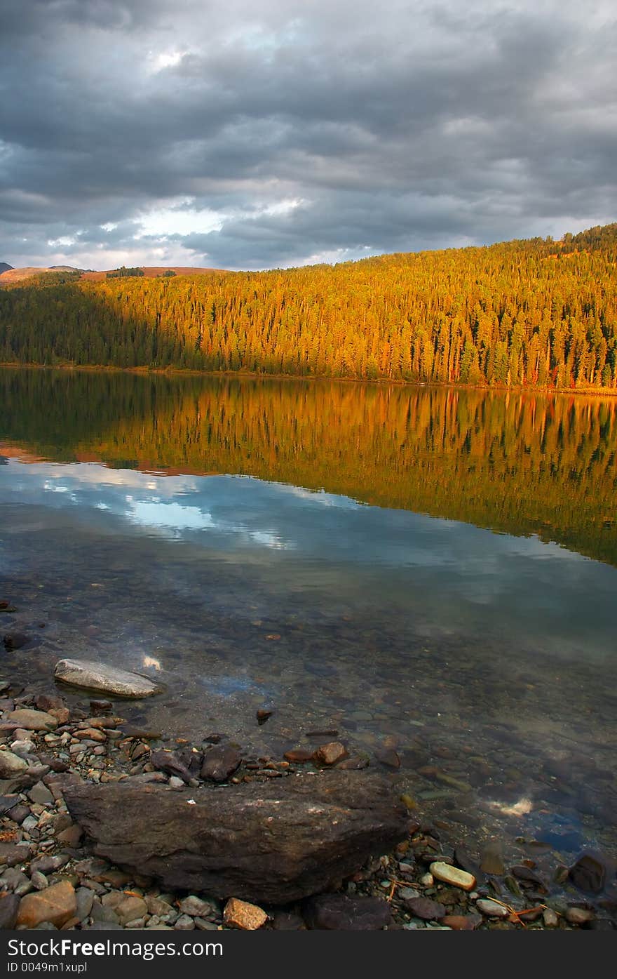 Clouds and firs reflections. Altay