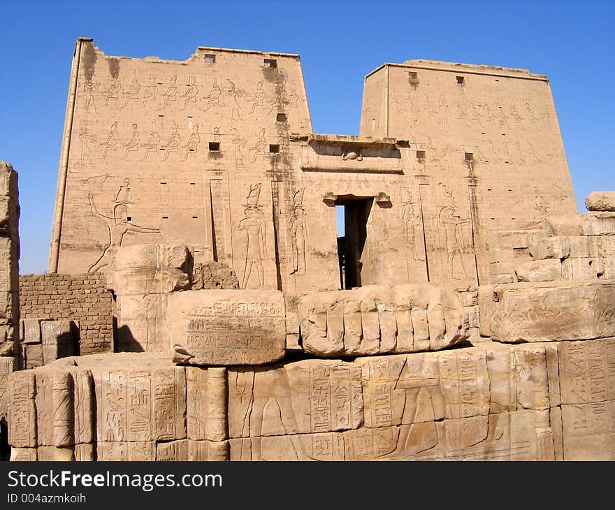View of Edfu temple and hieroglyphs. View of Edfu temple and hieroglyphs