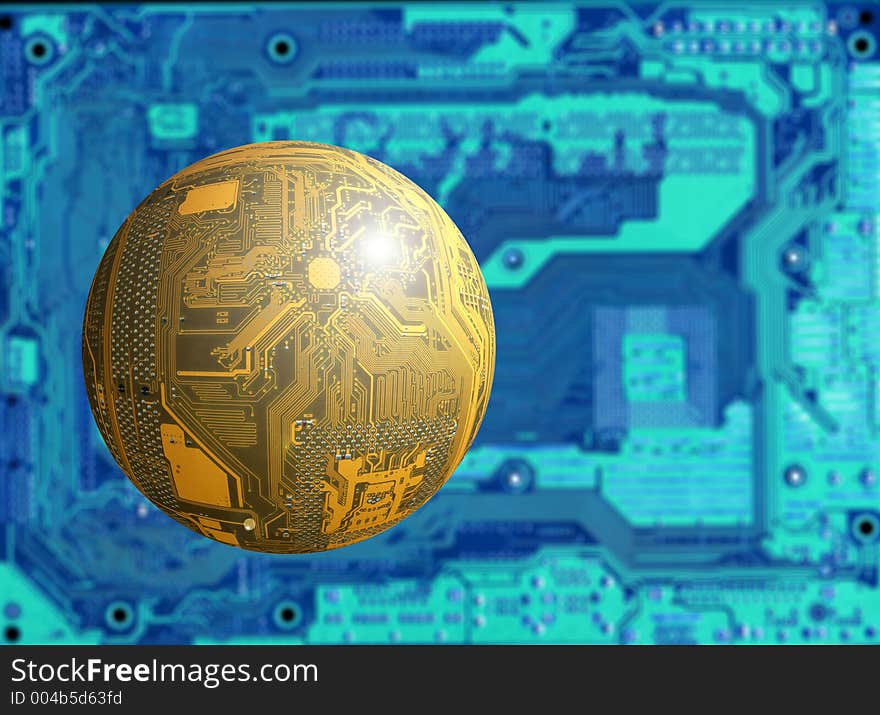 Flying object (yellow circuit board as a sphere) on blurred techno bachground (another circuit board). Flying object (yellow circuit board as a sphere) on blurred techno bachground (another circuit board)