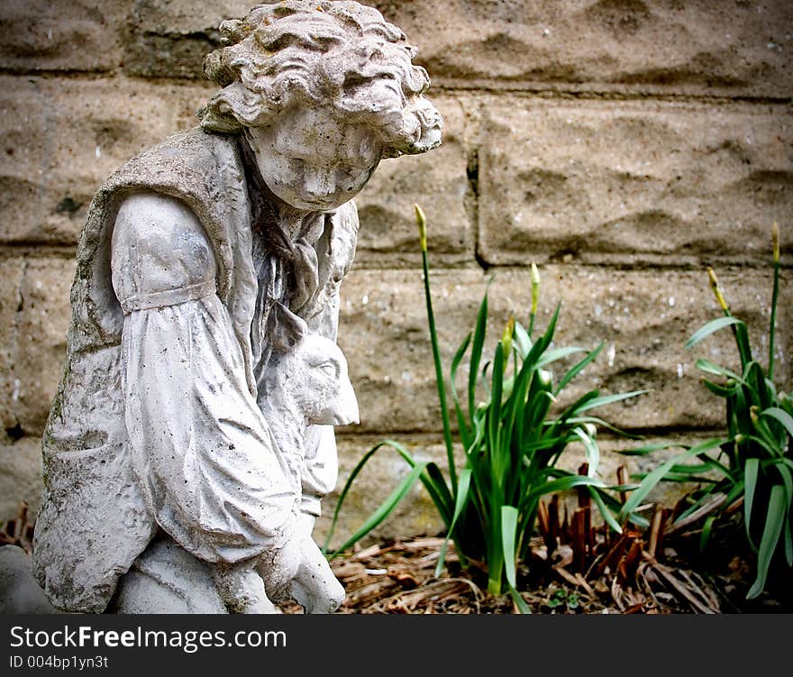 Concrete Statue of Shepherd with Sheep