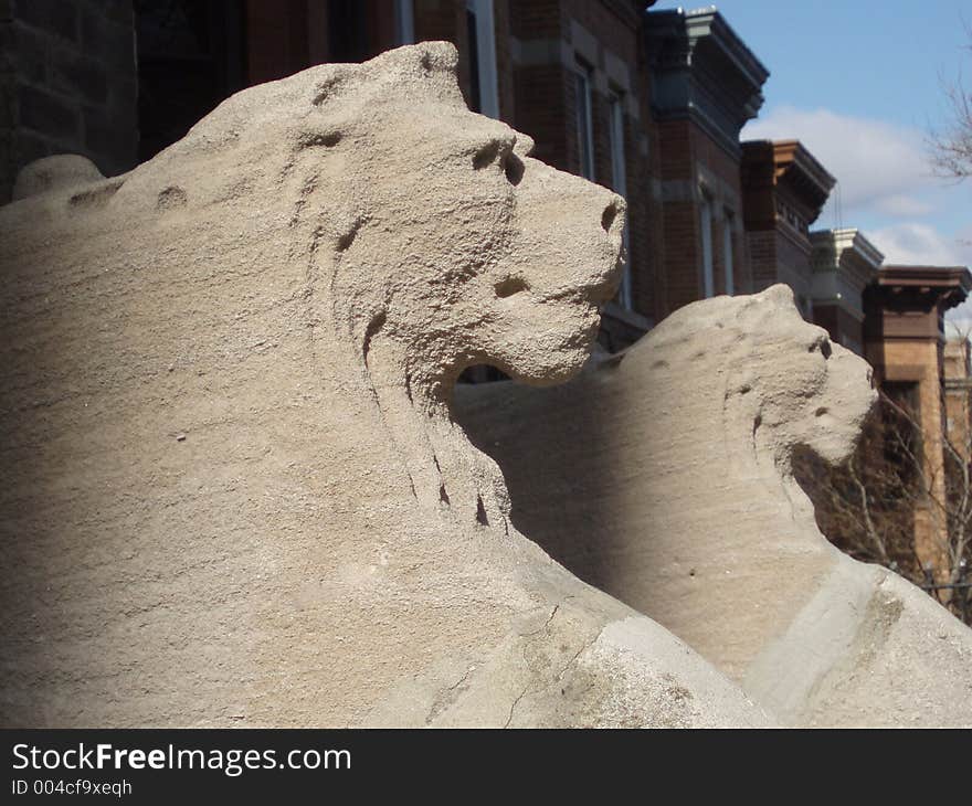 Stone lions stand sentry at the steps. Stone lions stand sentry at the steps.