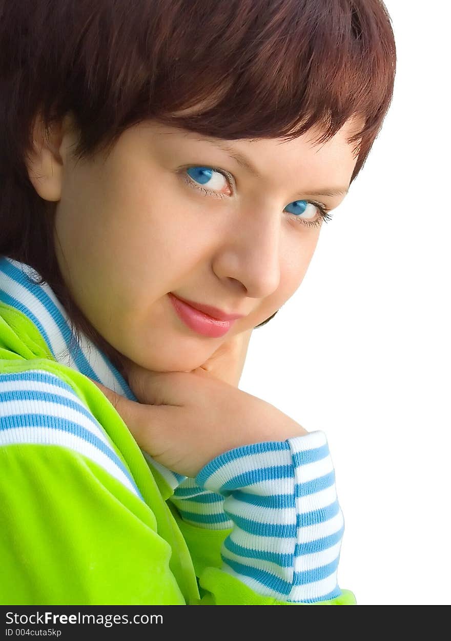 The blue-eyed girl on a white background