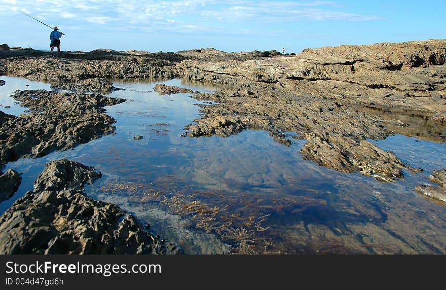 Man With Fishing Pole On Rocks